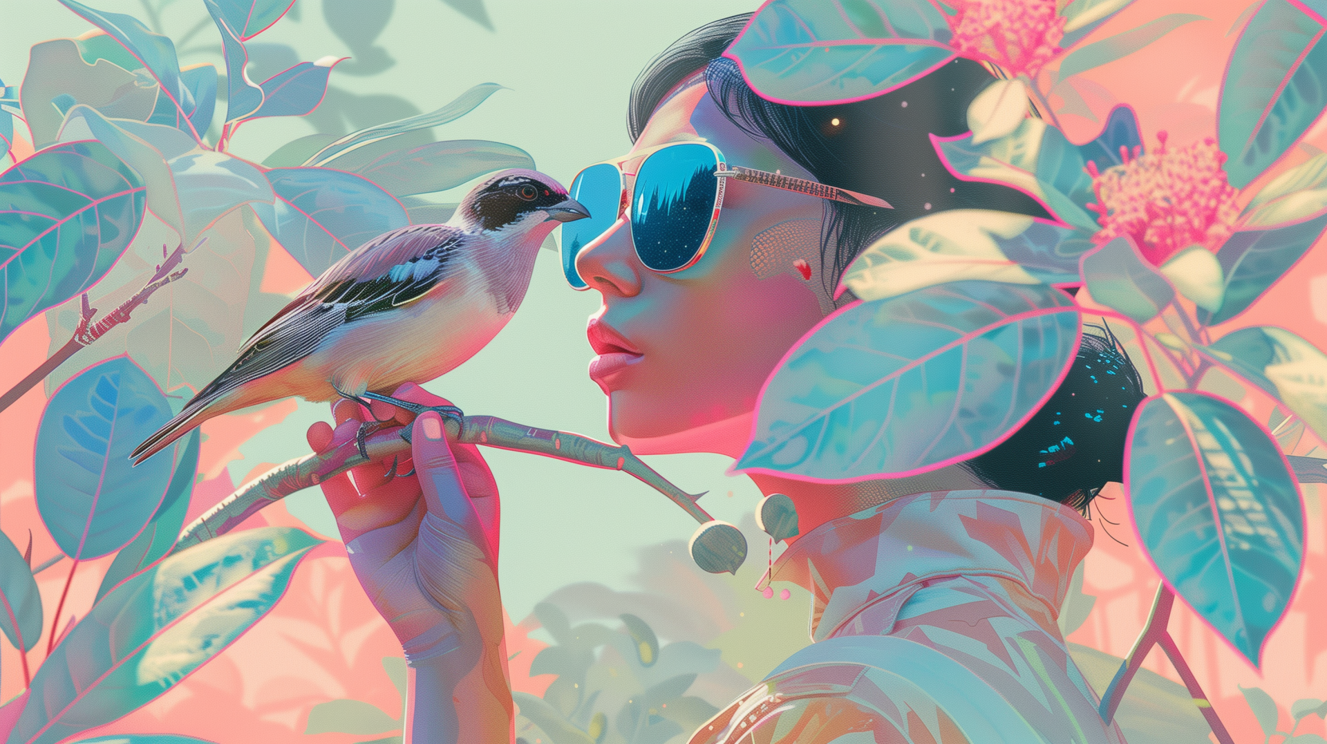 Aesthetic HD wallpaper of a stylized woman in sunglasses engaging in birdwatching with a small bird on a branch, featuring vaporwave-inspired colors and design.