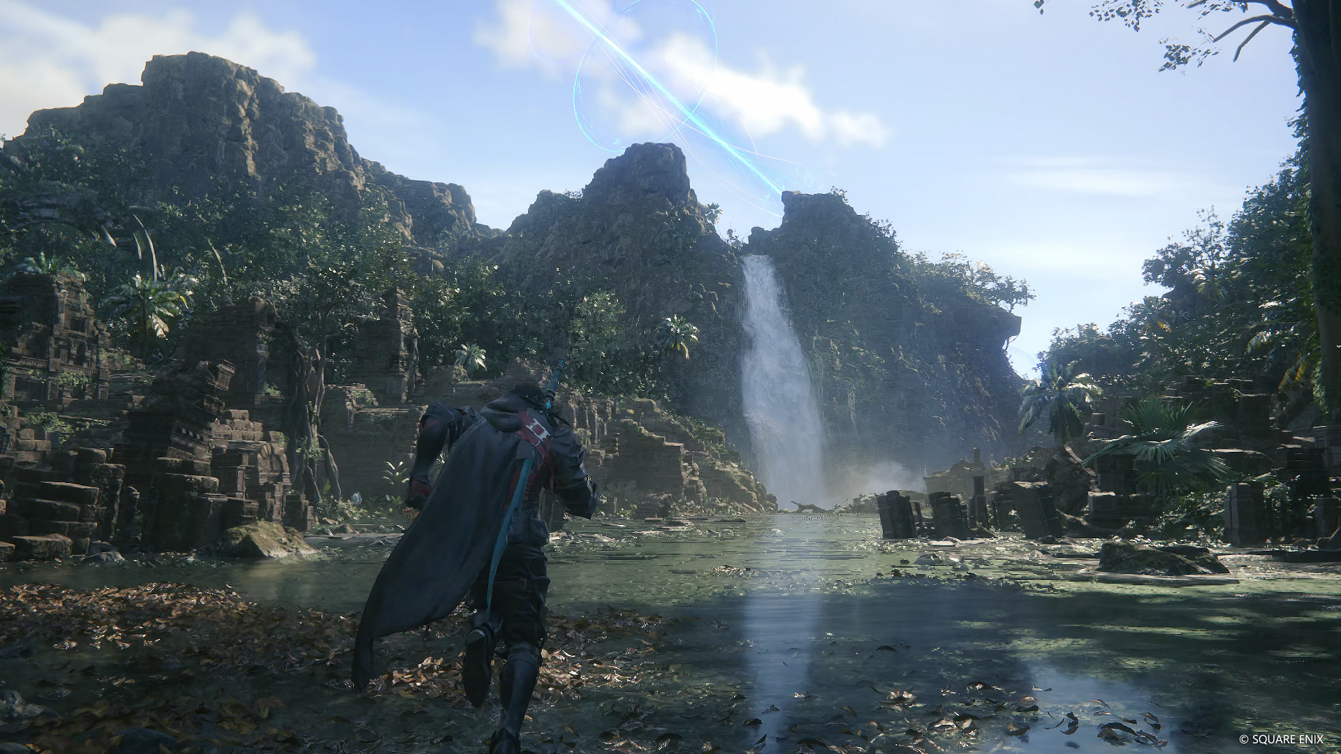 HD desktop wallpaper featuring a character from Final Fantasy XVI exploring a lush environment with ruins and a waterfall in the background.