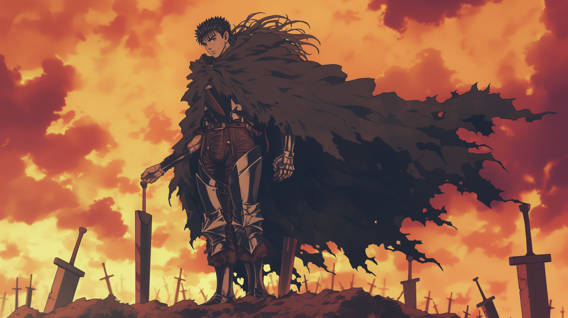 HD wallpaper of the anime character Guts from Berserk, standing on a hill with a backdrop of a fiery sky and scattered swords.