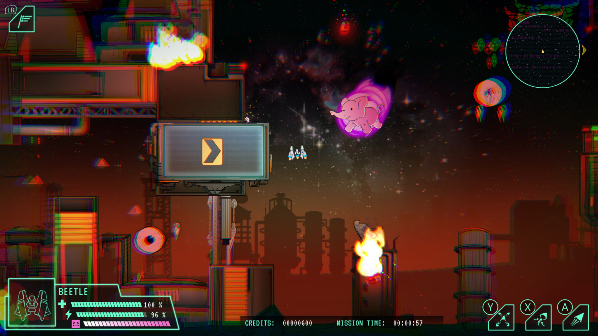 HD desktop wallpaper from the video game Lunar Lander: Beyond depicting a colorful cosmic scene with a spaceship, asteroids, and interactive game elements.