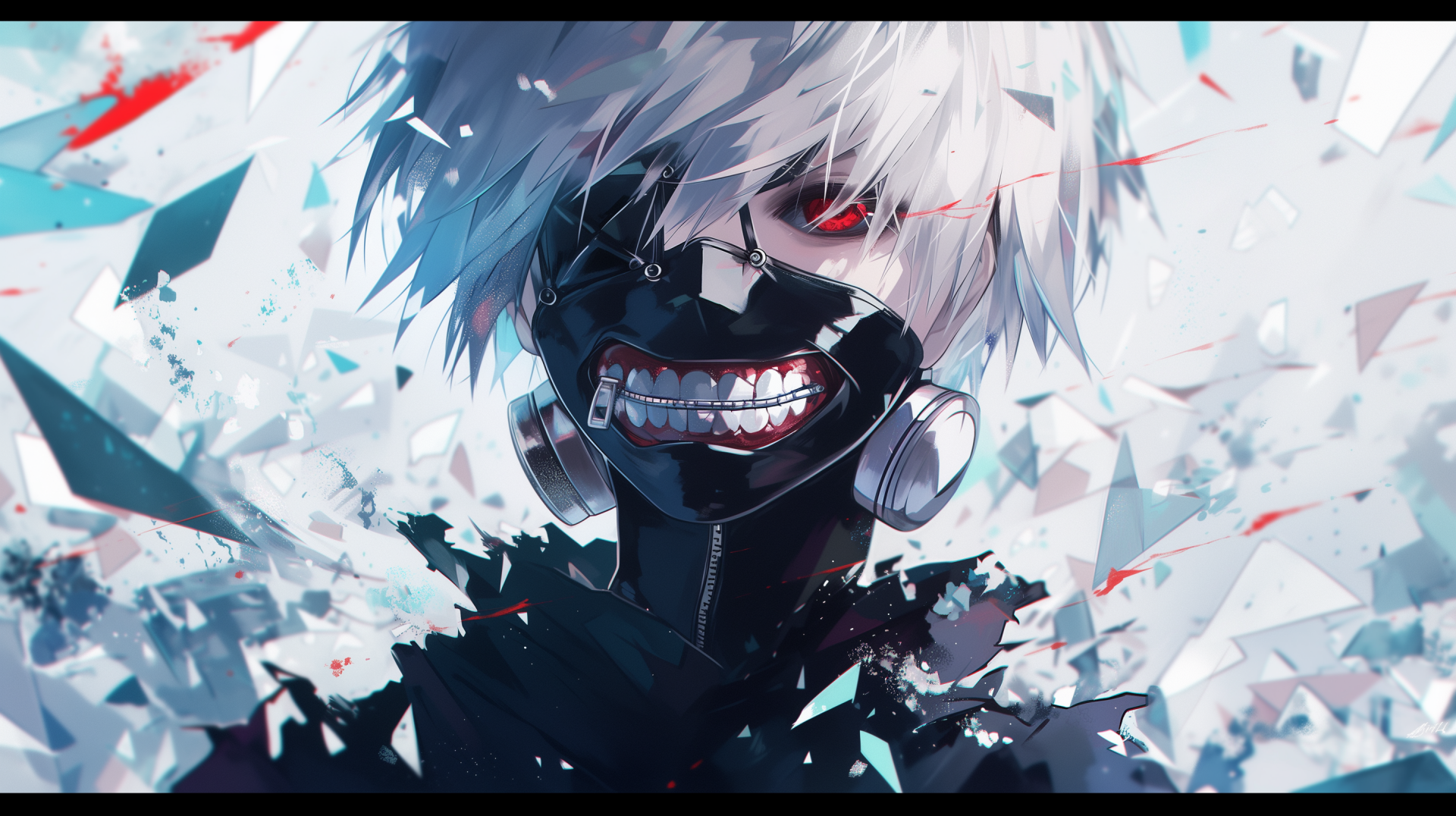HD wallpaper featuring Ken Kaneki from Tokyo Ghoul anime, with a dynamic depiction of his white hair and signature ghoul mask with a red eye, surrounded by shattered blue and white fragments against a dark backdrop.