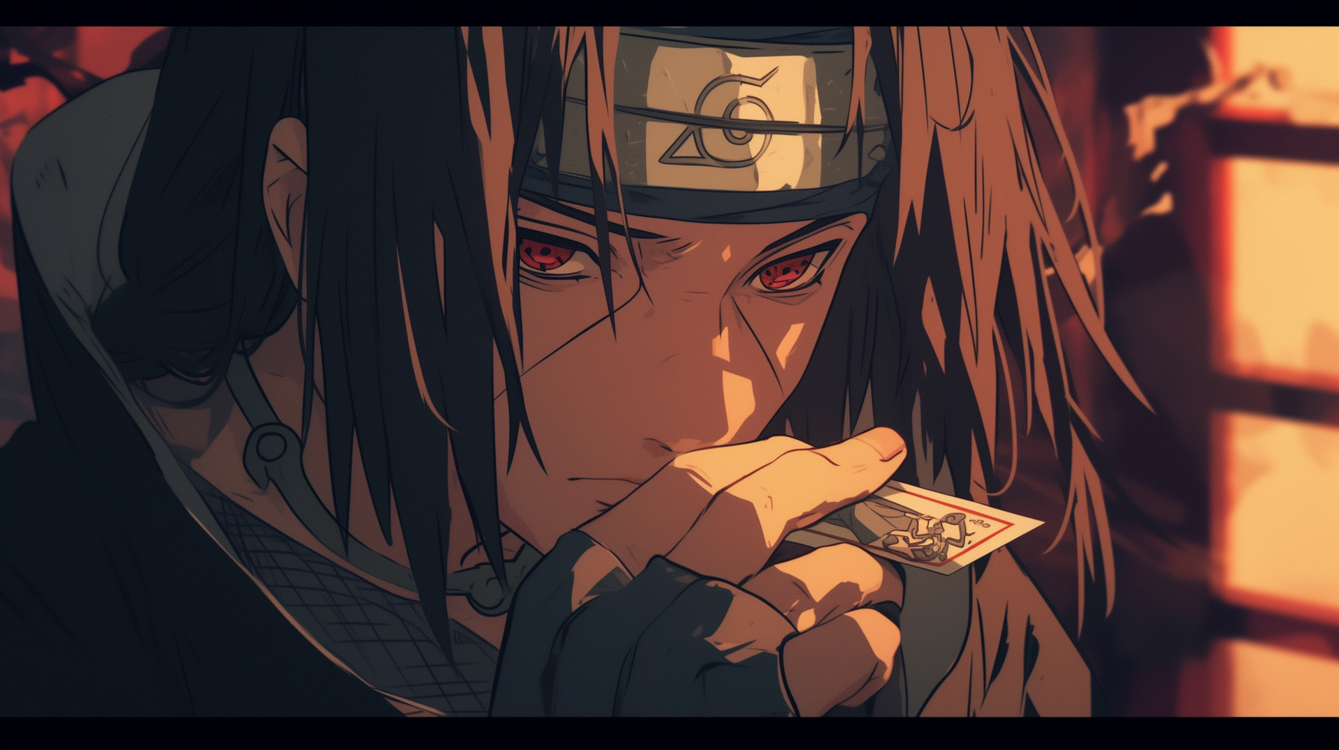 HD wallpaper featuring a close-up illustration of Itachi Uchiha from the anime Naruto, with his signature red Sharingan eyes and a ninja headband, holding a card close to his face.