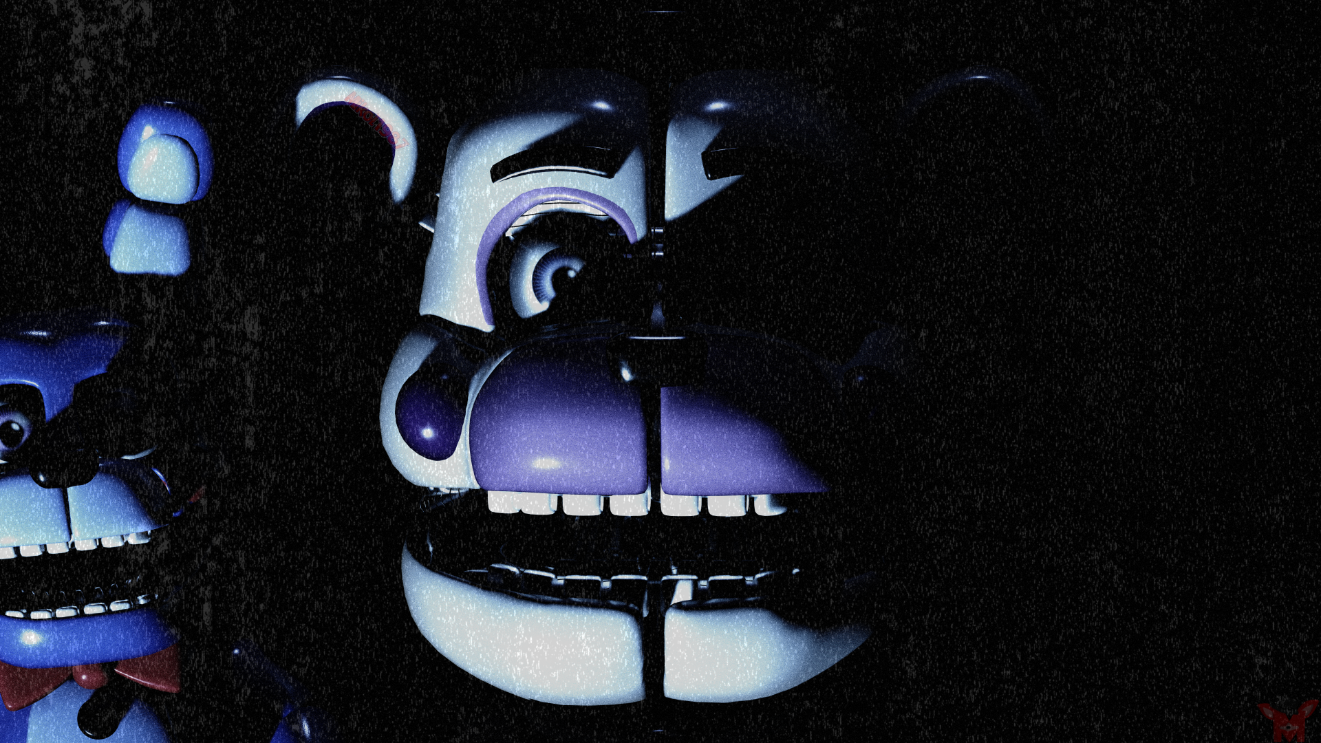Close-up of an animatronic character from Five Nights at Freddy's: Sister Location, rendered in 8K Ultra HD for a striking PC desktop wallpaper.