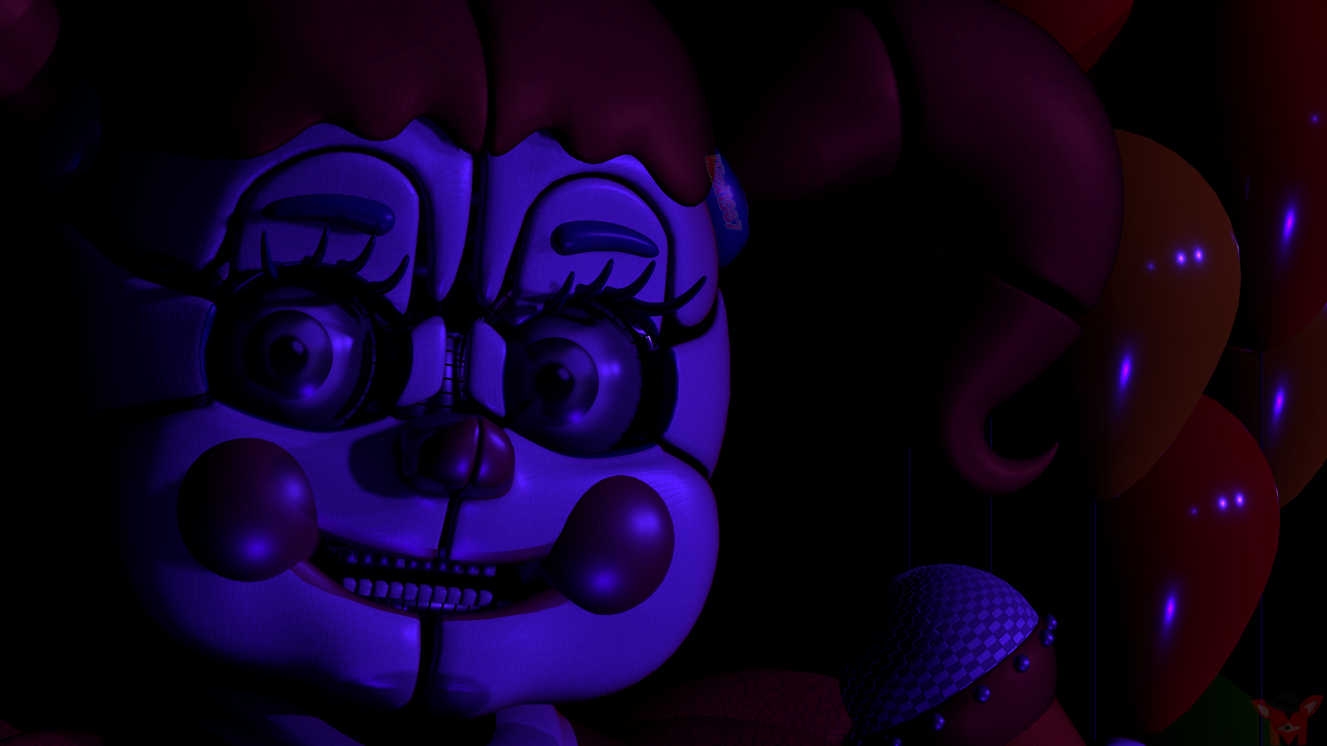 Close-up 8K Ultra HD PC desktop wallpaper of Circus Baby from Five Nights at Freddy's: Sister Location — purple-blue lit animatronic face with glasses, pigtails and a microphone.