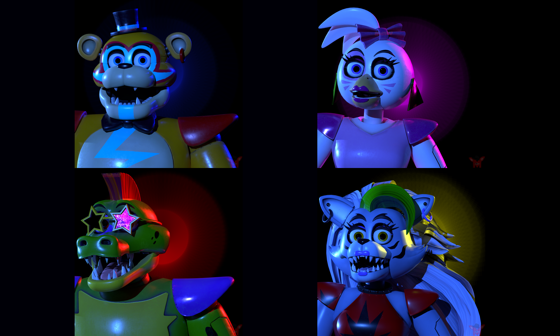 8K Ultra HD PC wallpaper featuring characters from Five Nights at Freddy's: Security Breach, showcasing vibrant, detailed animatronics in dynamic lighting.