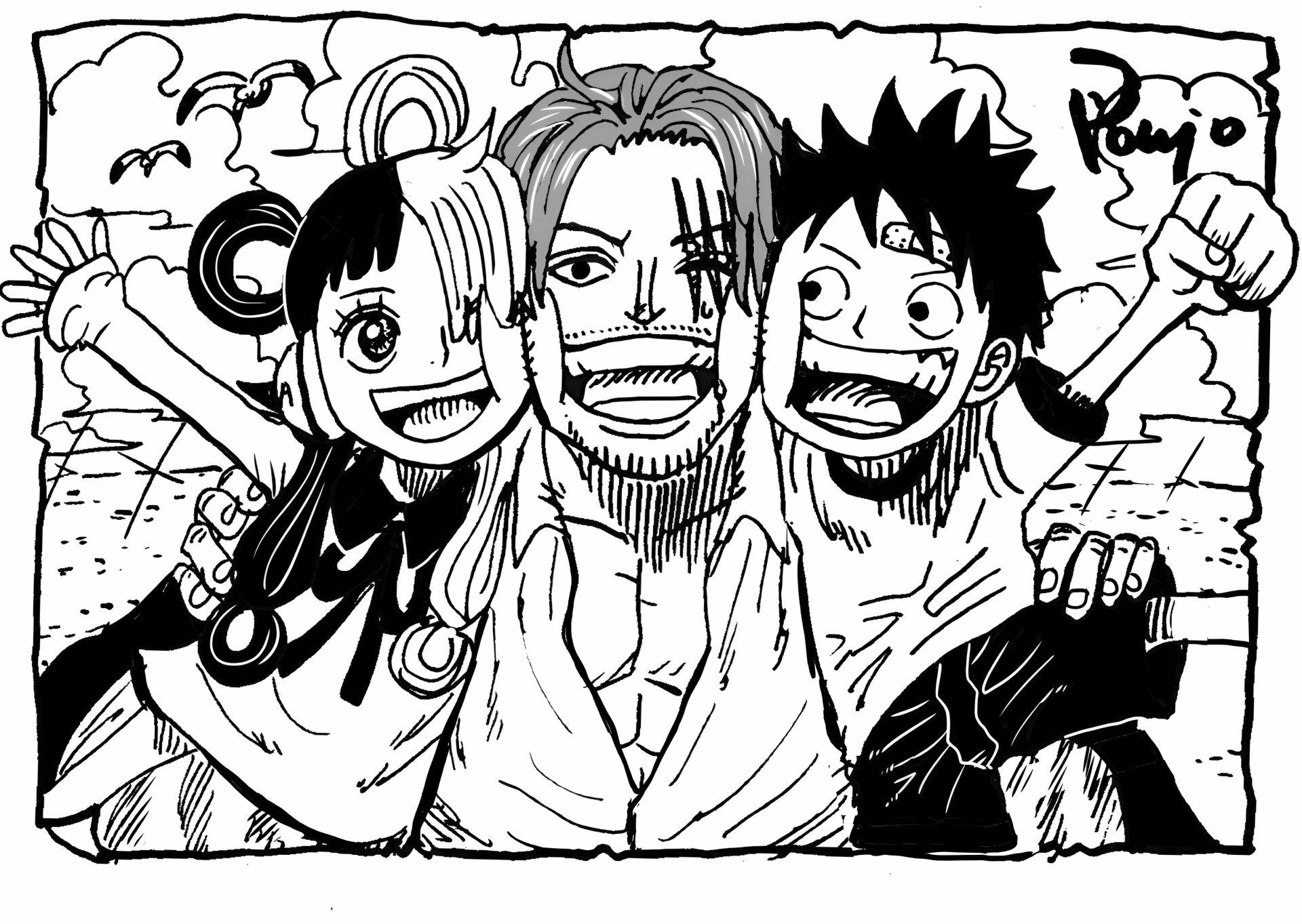 Monochrome anime 2K Quad HD wallpaper of Uta, Shanks and Monkey D. Luffy (One Piece Film: RED) smiling with arms around each other in front of a stone wall.