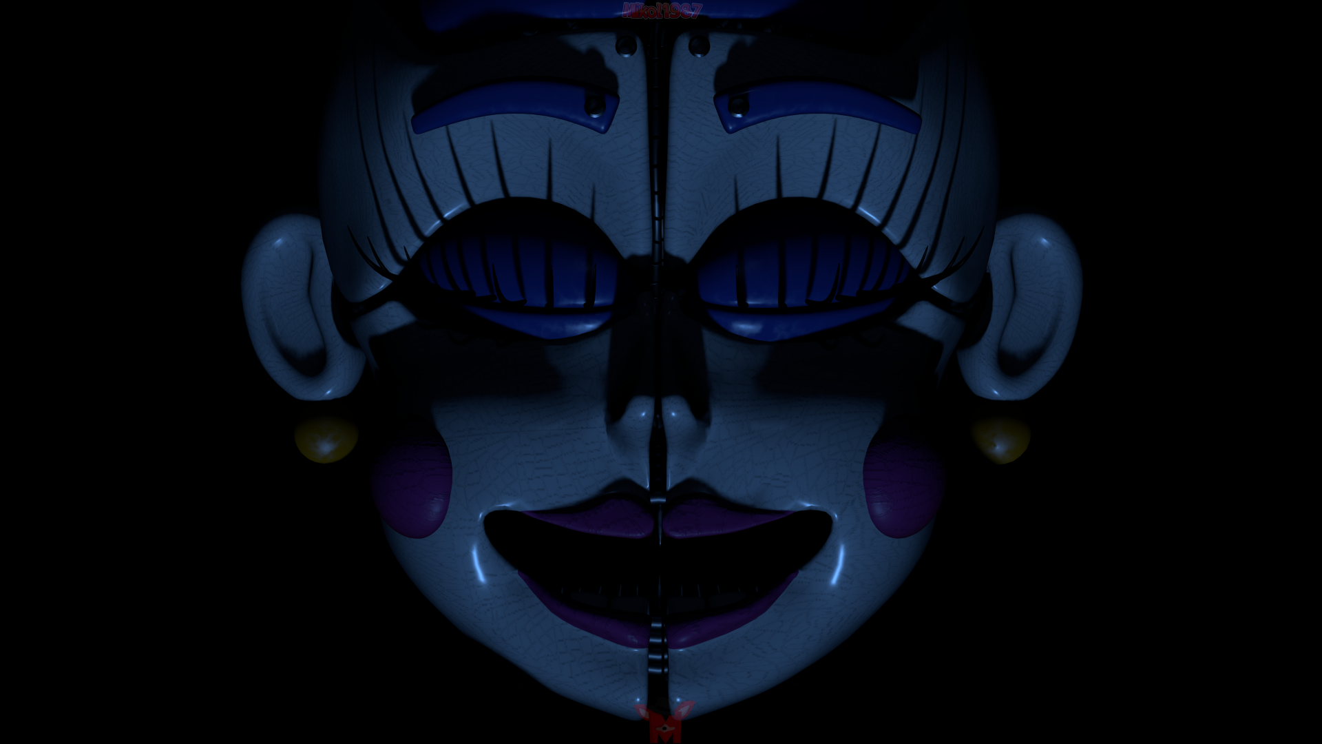 Close-up of the eerie animatronic face from Five Nights at Freddy's: Sister Location, rendered in 8K Ultra HD for a dark PC desktop wallpaper.