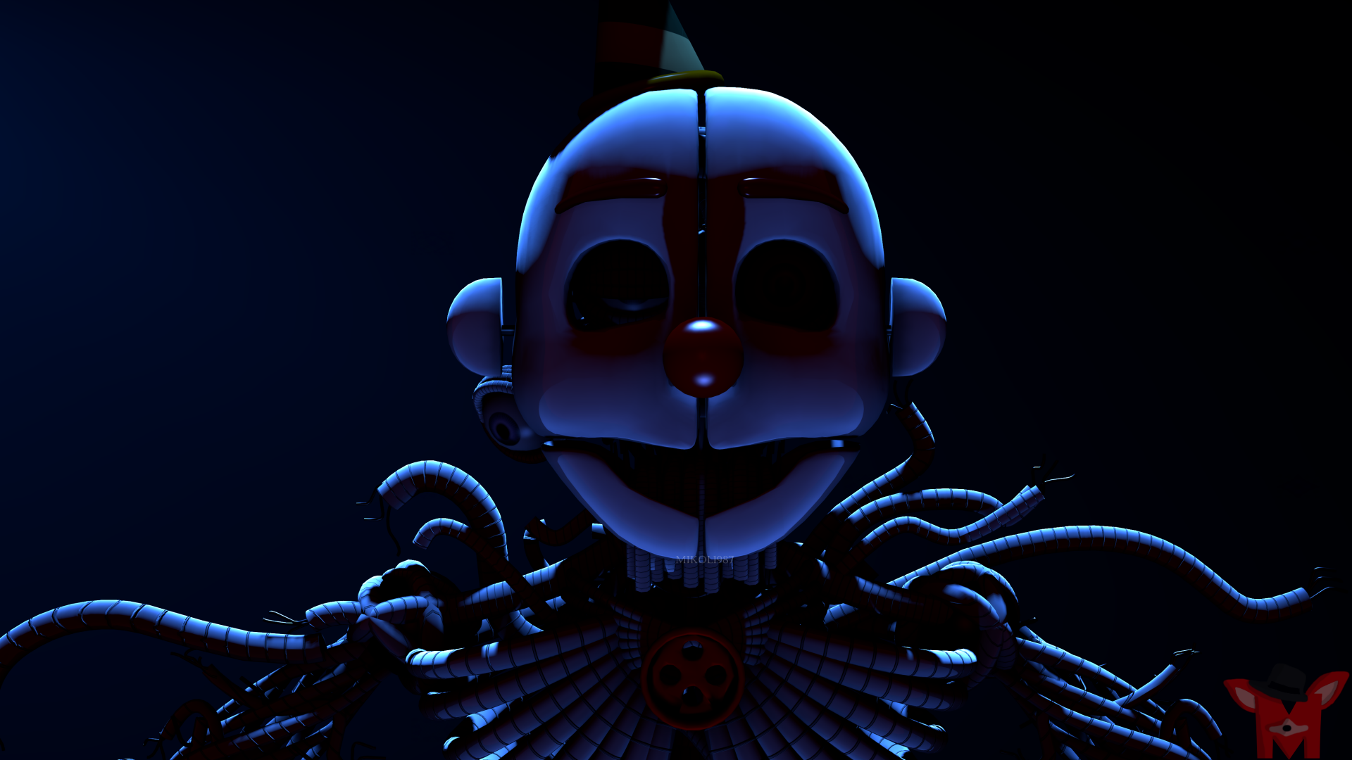 Dark, eerie 4K Ultra HD Five Nights at Freddy's: Sister Location wallpaper featuring a close-up of the animatronic Baby character in shadowed lighting.