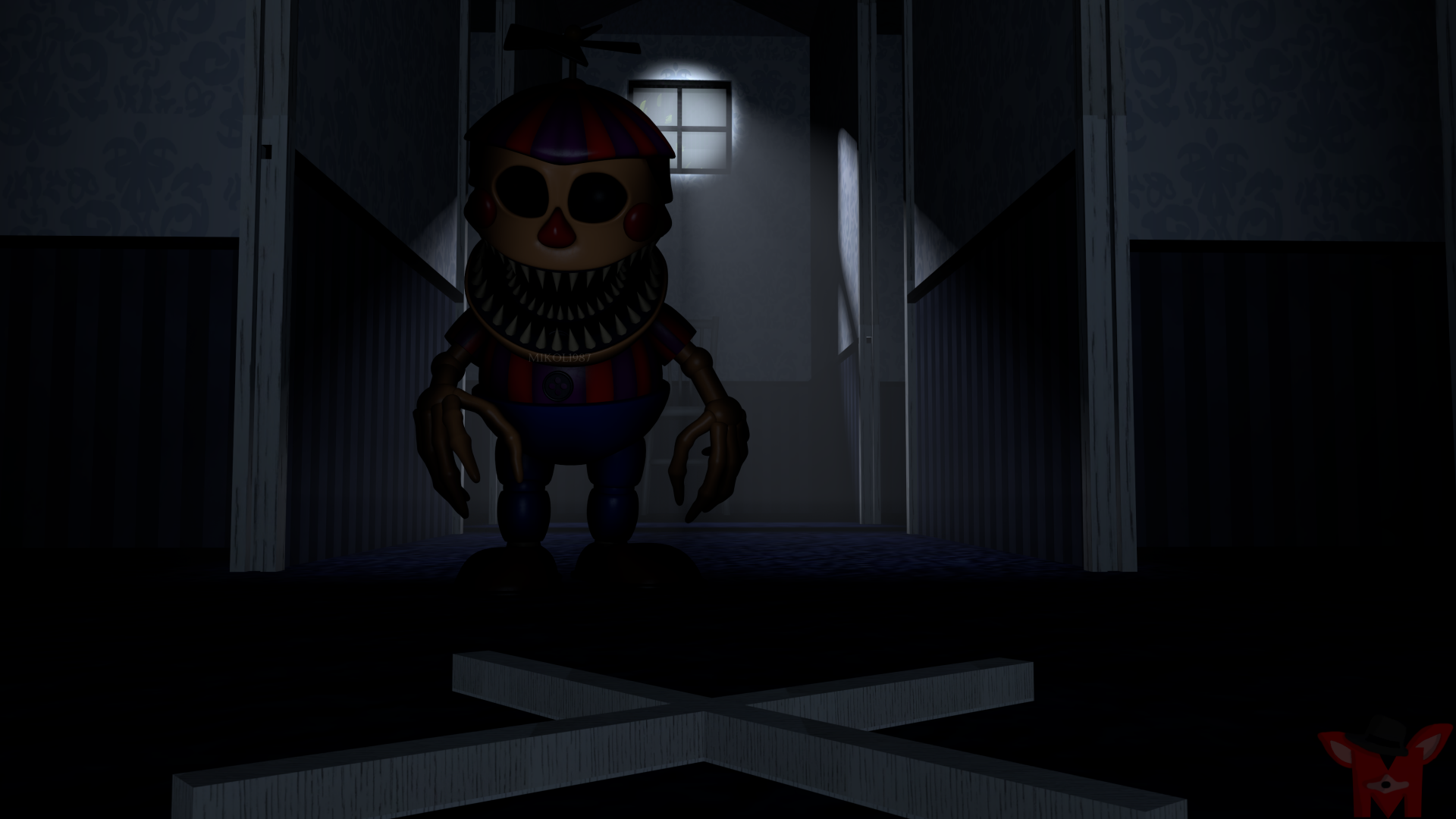 Dark, eerie hallway featuring a sinister animatronic character from Five Nights at Freddy's 4, captured in 4K Ultra HD for a PC desktop wallpaper.