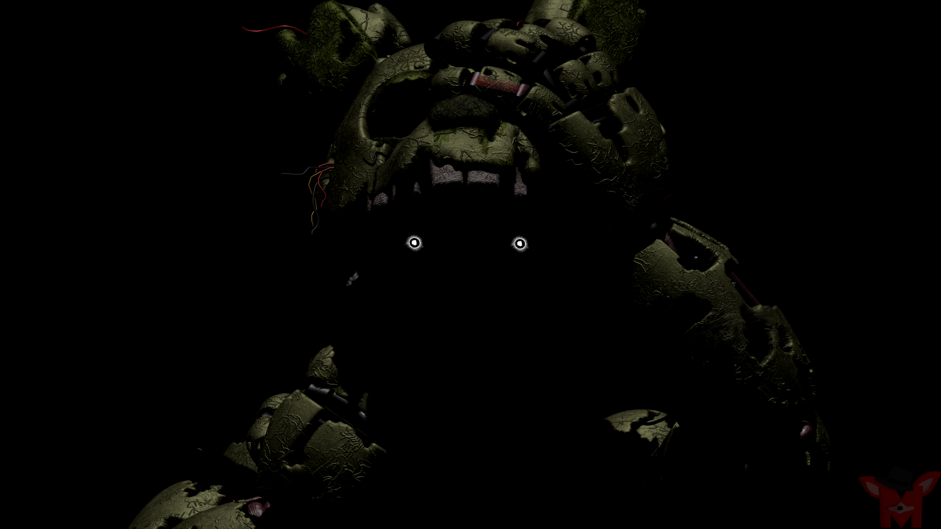 Dark, detailed 8K Ultra HD wallpaper of Springtrap from Five Nights at Freddy's 3, showcasing the eerie animatronic character from the video game series.