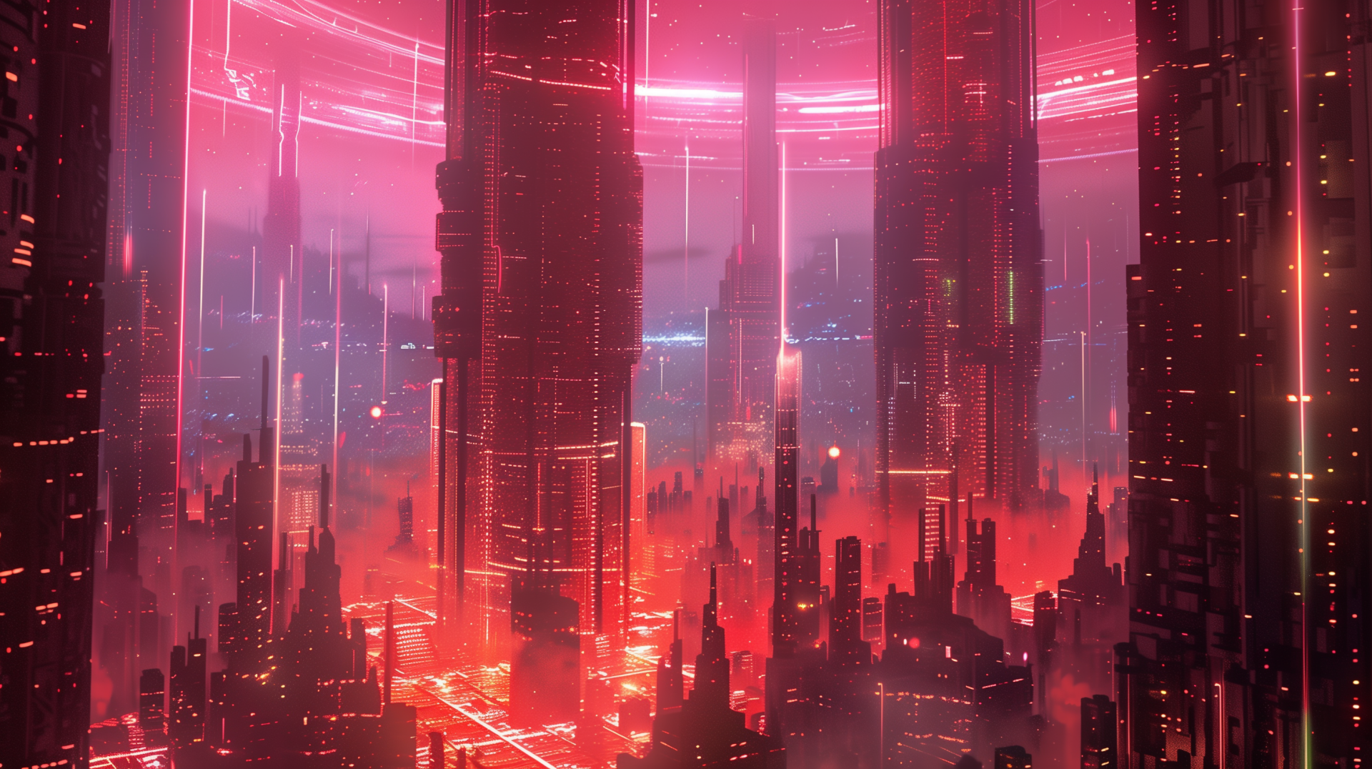 A high-definition desktop wallpaper featuring a science fiction cityscape bathed in red and pink hues with towering skyscrapers, glowing lights, and a futuristic aesthetic.