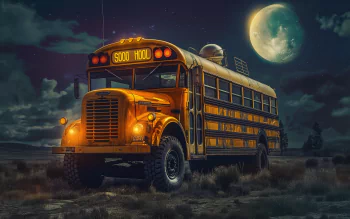 Vintage school bus on a moonlit night, HD wallpaper.