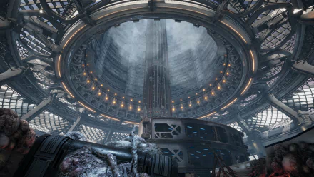 HD desktop wallpaper featuring the intricate architecture and futuristic design from the video game Stellar Blade, with a grand, circular hall and detailed ceiling structure.