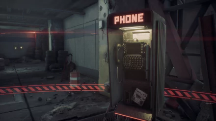Stellar Blade video game HD wallpaper featuring an eerie abandoned payphone with glowing red lights and caution tape in a desolate environment.