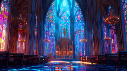 HD wallpaper of a fantasy church interior with vibrant stained glass windows and gothic architecture, embodying faith and religion.