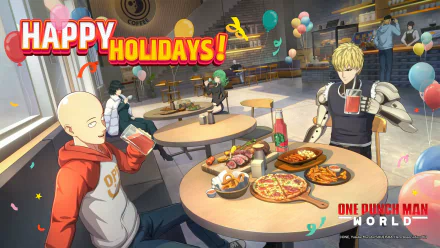 HD wallpaper featuring One Punch Man World video game characters celebrating the holidays with food at a table.