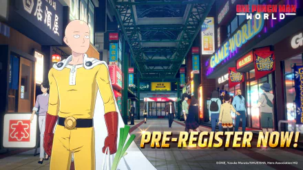 HD desktop wallpaper of One Punch Man World video game featuring the protagonist standing in a detailed city street with a 'Pre-Register Now' advertisement.