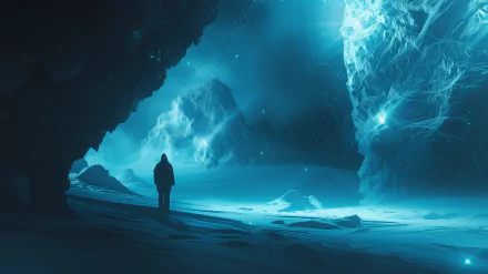 HD sci-fi duotone wallpaper featuring a mysterious figure exploring a surreal blue planetscape with dramatic lighting and rock formations.