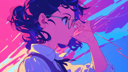 Preppy anime girl with glasses in a vibrant HD desktop wallpaper featuring dynamic pink and blue hues.