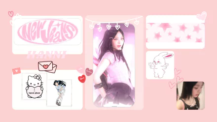 HD desktop wallpaper featuring Hanni from NewJeans, blending soft pink tones with KPOP-themed graphics and artistic illustrations inspired by the group's aesthetic.