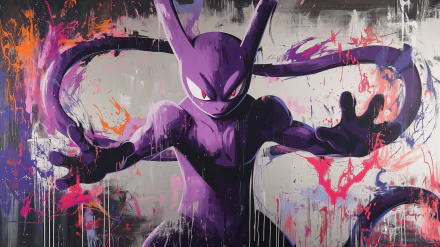A dynamic HD desktop wallpaper featuring Mewtwo from Pokémon, depicted in vibrant colors and bold brush strokes, showcasing its powerful presence against a striking abstract background.