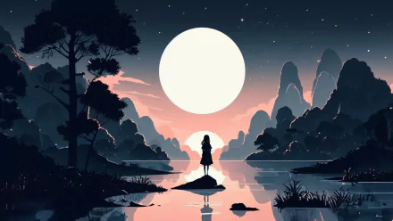 Minimalist anime illustration of a serene evening with a silhouetted figure standing on a rock by a lake, under a large full moon and starry sky, HD desktop wallpaper.