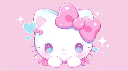 HD Hello Kitty desktop wallpaper featuring the cute Sanrio character with a pink bow and sparkling hearts on a pastel pink background.