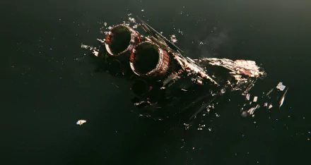 HD desktop wallpaper featuring a derelict spaceship wreck floating in space, with debris scattered around, creating a dramatic and moody background.