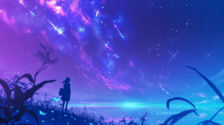 HD desktop wallpaper of a person stargazing under a vibrant cosmic sky with shooting stars.