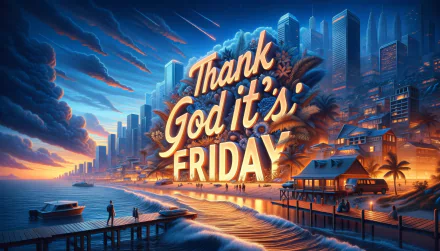 HD wallpaper featuring a vibrant cityscape at sunset with Thank God It's Friday text for desktop background.