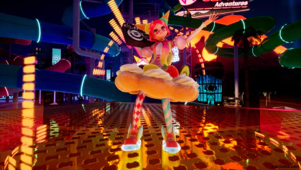 Colorful HD desktop wallpaper featuring a vibrant Foamstars video game character in a dynamic neon-lit virtual world.
