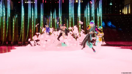 HD desktop wallpaper featuring characters from the video game Foamstars engaged in action against a backdrop of colorful neon lights.