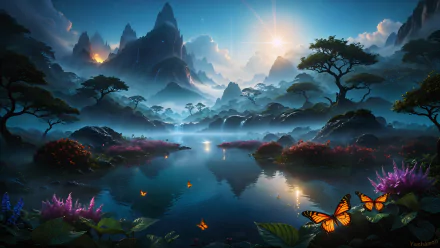 A serene landscape featuring a tranquil lake surrounded by majestic mountains, vibrant flowers, and butterflies. This artistic AI-generated image serves as a stunning 4K Ultra HD desktop wallpaper.