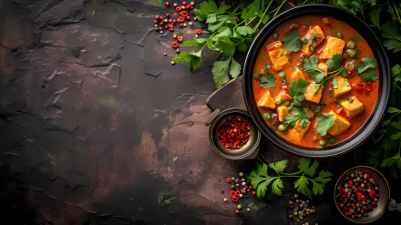 A vibrant curry dish garnished with fresh cilantro, surrounded by spices on a textured table. This high-definition image captures the essence of a delicious meal.