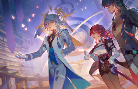 4K Ultra HD PC wallpaper and background of Honkai: Star Rail — Blade, Kafka, and Sunday stride through a glowing futuristic cityscape with vibrant colors and dynamic lighting.