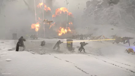 HD wallpaper of Helldivers 2 featuring soldiers in combat on a snowy battlefield with explosions in the background.