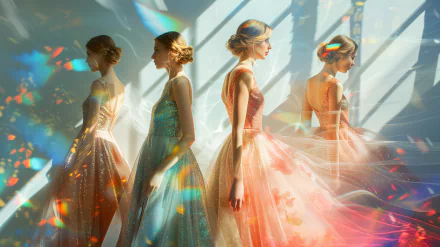 Elegant bridesmaids in sparkling dresses, posing for an HD desktop wallpaper with a vibrant, ethereal background.