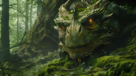 HD fantasy dragon wallpaper featuring a detailed green dragon resting in a mystical forest background.