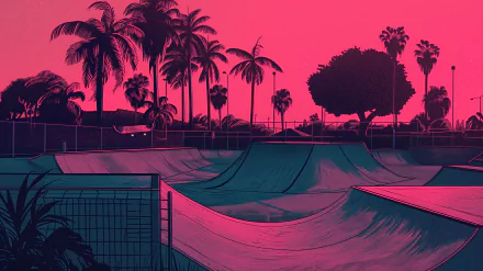 A vibrant skate park scene at dusk, framed by palm trees and glowing in shades of pink and purple, creates an eye-catching HD desktop wallpaper.