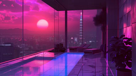 Aesthetic HD wallpaper featuring a luxurious indoor pool with a stunning sunset cityscape view.