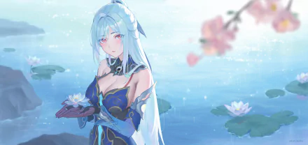 HD PC desktop wallpaper featuring Jingliu from Honkai: Star Rail, standing by a serene pond with water lilies and soft cherry blossoms in the background.