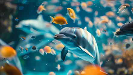 HD wallpaper of a dolphin among colorful tropical fish in an aquarium setting.