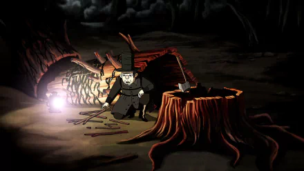 HD wallpaper featuring a scene from the TV show Over the Garden Wall with a character standing by a glowing lantern next to a chopped tree stump in a dark eerie forest setting.