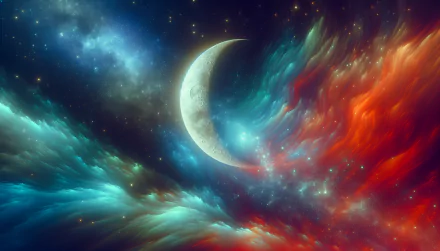 Crescent moon shining amidst vibrant cosmic clouds in a HD space-themed desktop wallpaper and background.