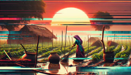 HD desktop wallpaper of a farmer in a flooded field at sunrise with a glitch art effect.