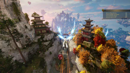 HD desktop wallpaper featuring a scenic view from the video game Islands of Insight, depicting traditional architecture on cliff sides with a bridge leading towards a mystical castle in the distance.