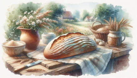 An HD desktop wallpaper depicting a pastoral scene with a freshly baked loaf of sourdough bread on a checked cloth, along with wheat stalks, a clay pot, and a bowl, evoking a tranquil countryside atmosphere.
