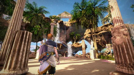 HD desktop wallpaper of Islands of Insight video game featuring a character observing a breathtaking ancient ruins landscape with a cascading waterfall.