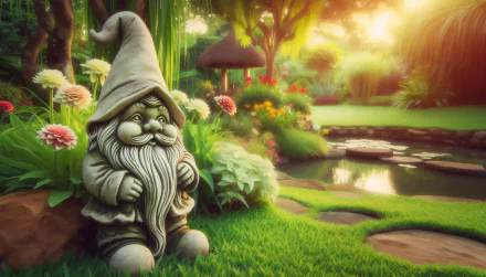 HD wallpaper of a charming garden gnome in a serene garden with lush greenery and flowers at sunset.