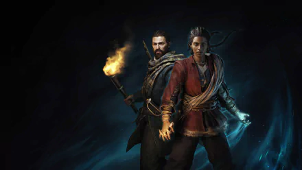 HD wallpaper of two characters from the video game Banishers: Ghosts of New Eden, with a dark, mystical background, featuring a man holding a torch and a woman with a glowing effect around her.
